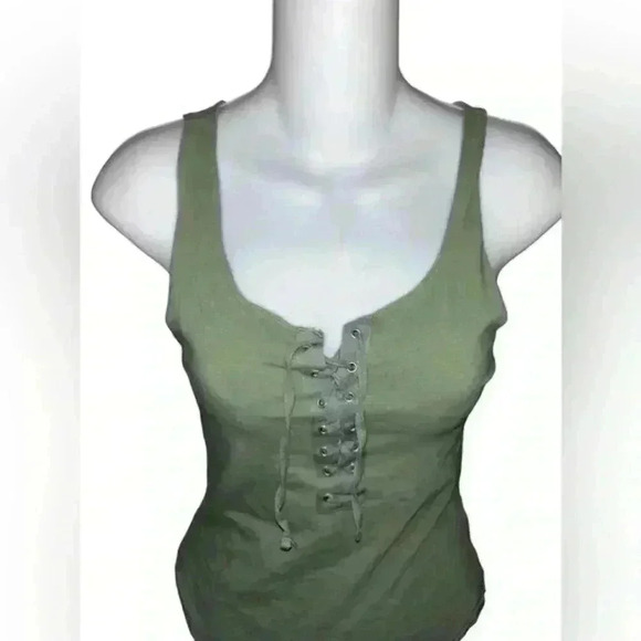 Garage Knit Army Green Lace Front Body Suit, Size Large - Picture 3 of 5